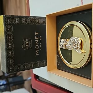 Monet Compact Double Mirror Gold Tone Cat With Crystals